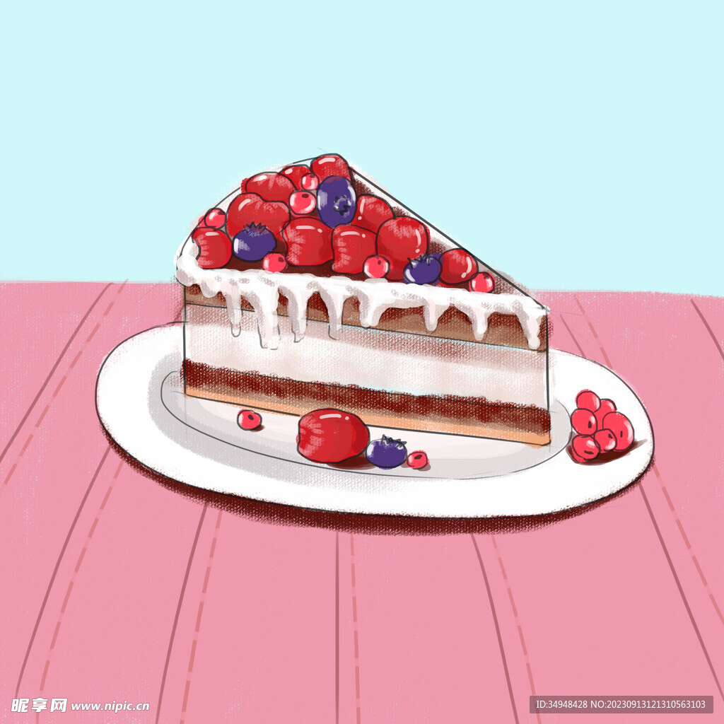 树莓蓝莓甜品蛋糕切角插画素材