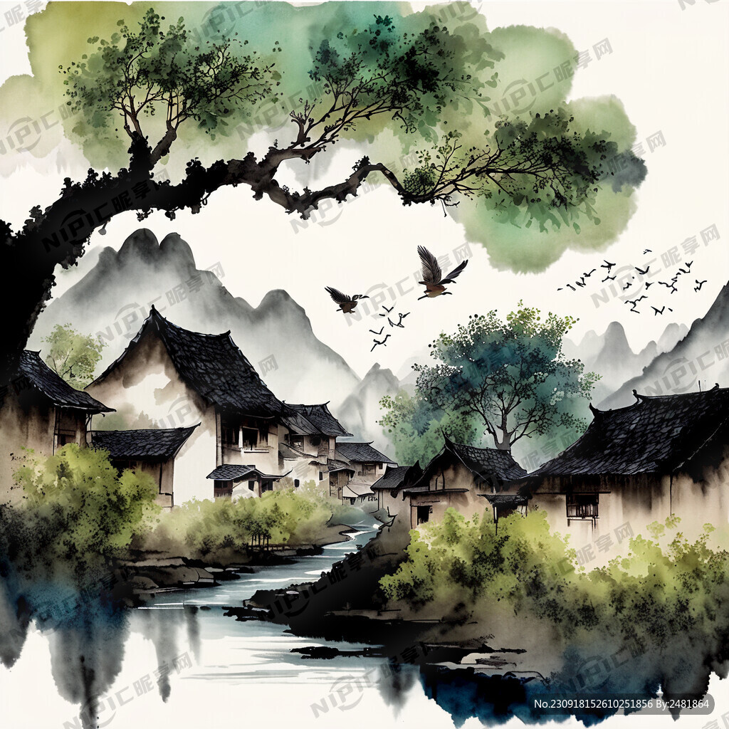 獼猴桃遠(yuǎn)山樹河流村莊煙霧飛鳥
