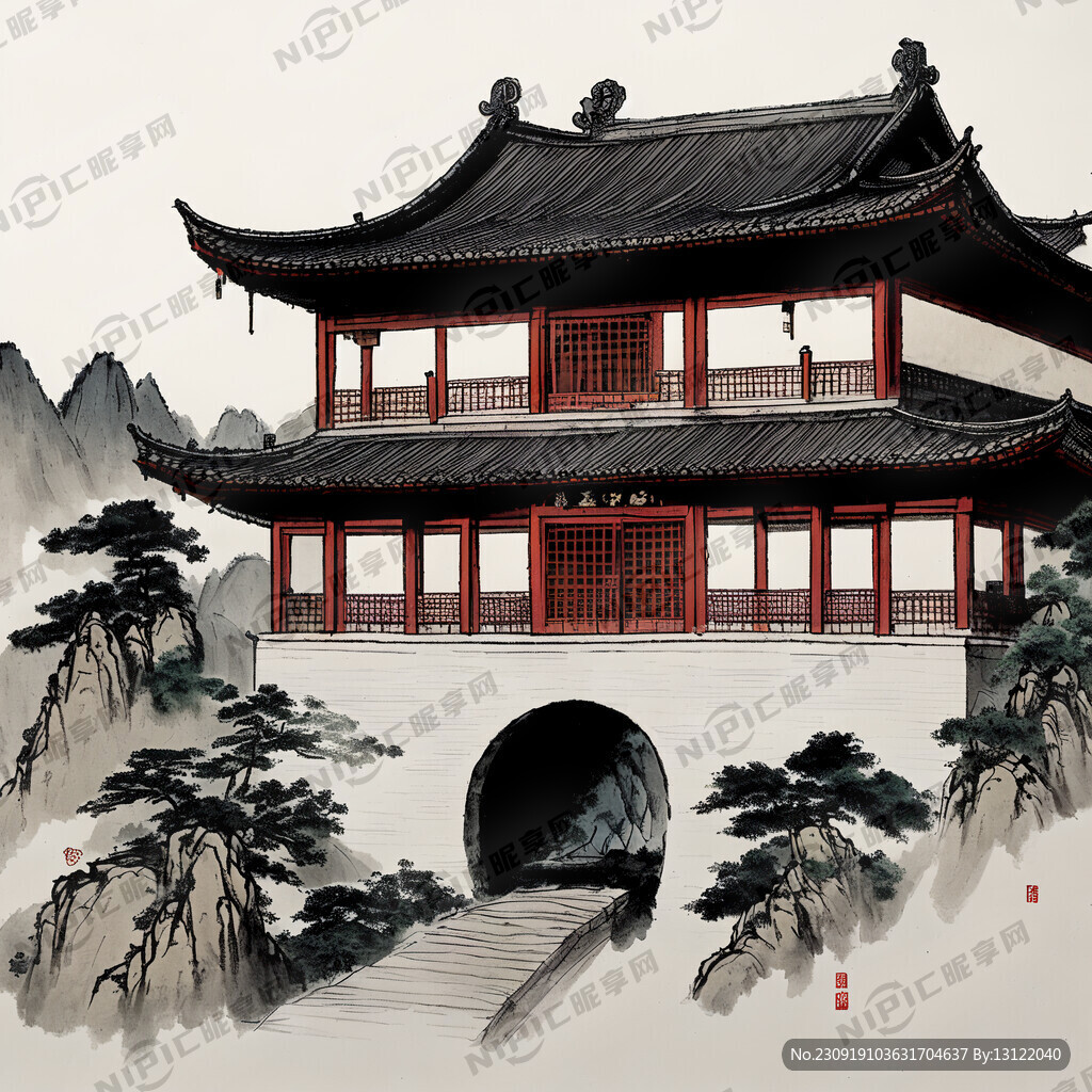 陜西商洛天竺山景區古建筑簡筆畫