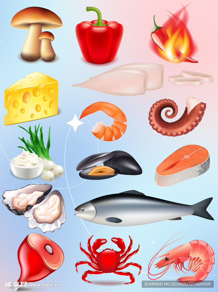 海鲜美食立体卡通插图元素合集