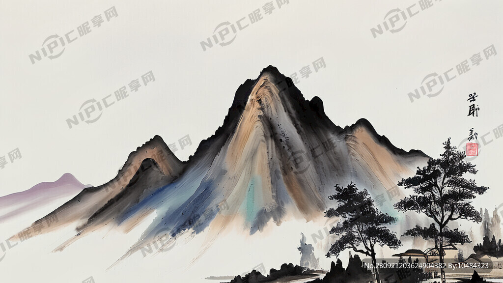 寫意山水畫 簡約 彩色 遠景