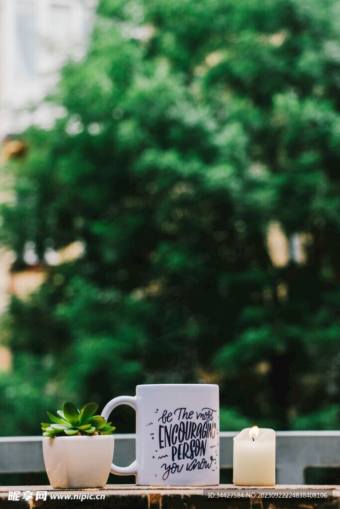 馬克杯綠植和蠟燭