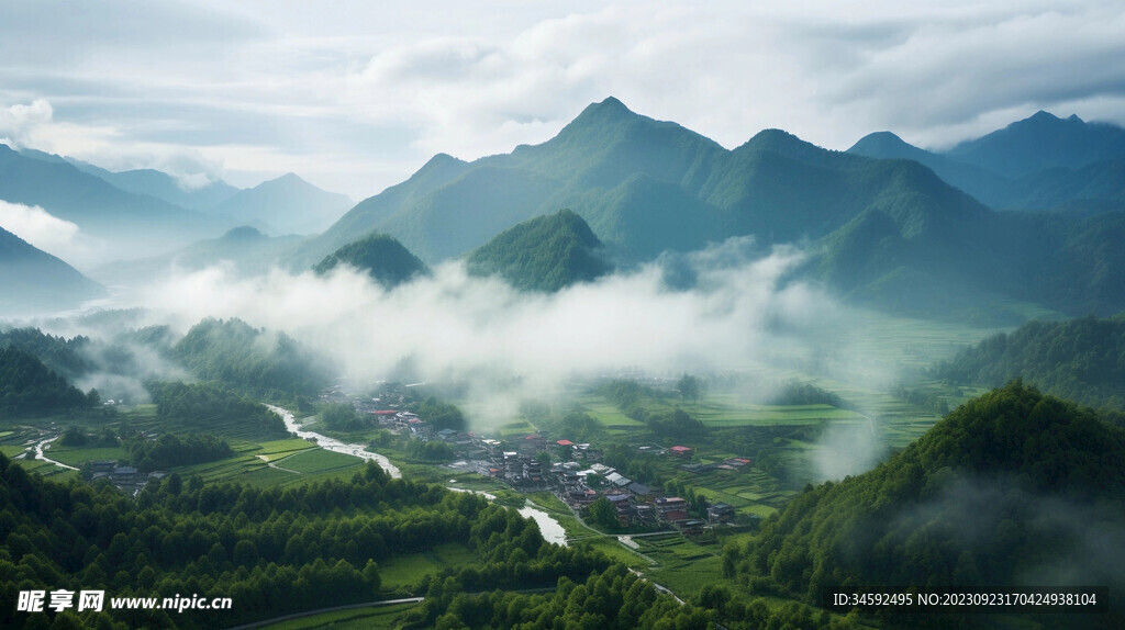 云雾缭绕的山村