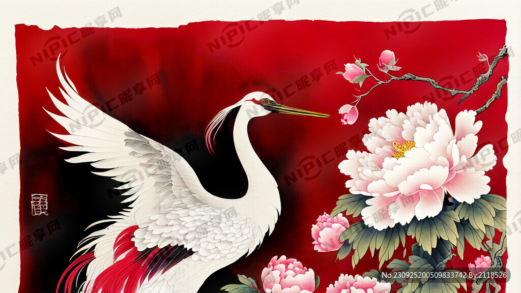 大紅底色中間大壽字有松有鶴吉祥