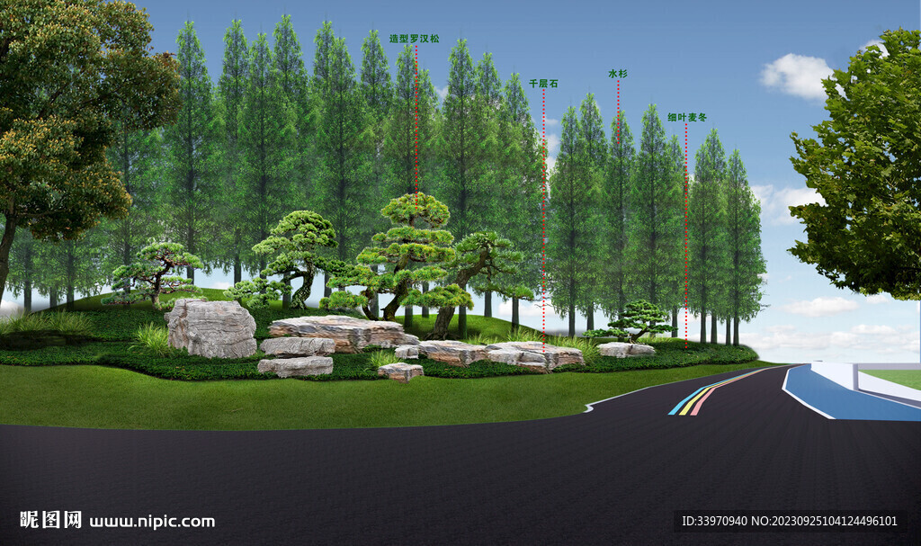 松石搭配景观绿化节点效果图