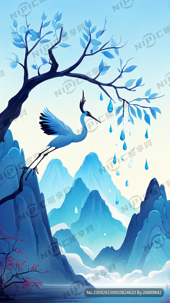 山水仙鶴水滴藍(lán)色樹枝藍(lán)色秋天唯
