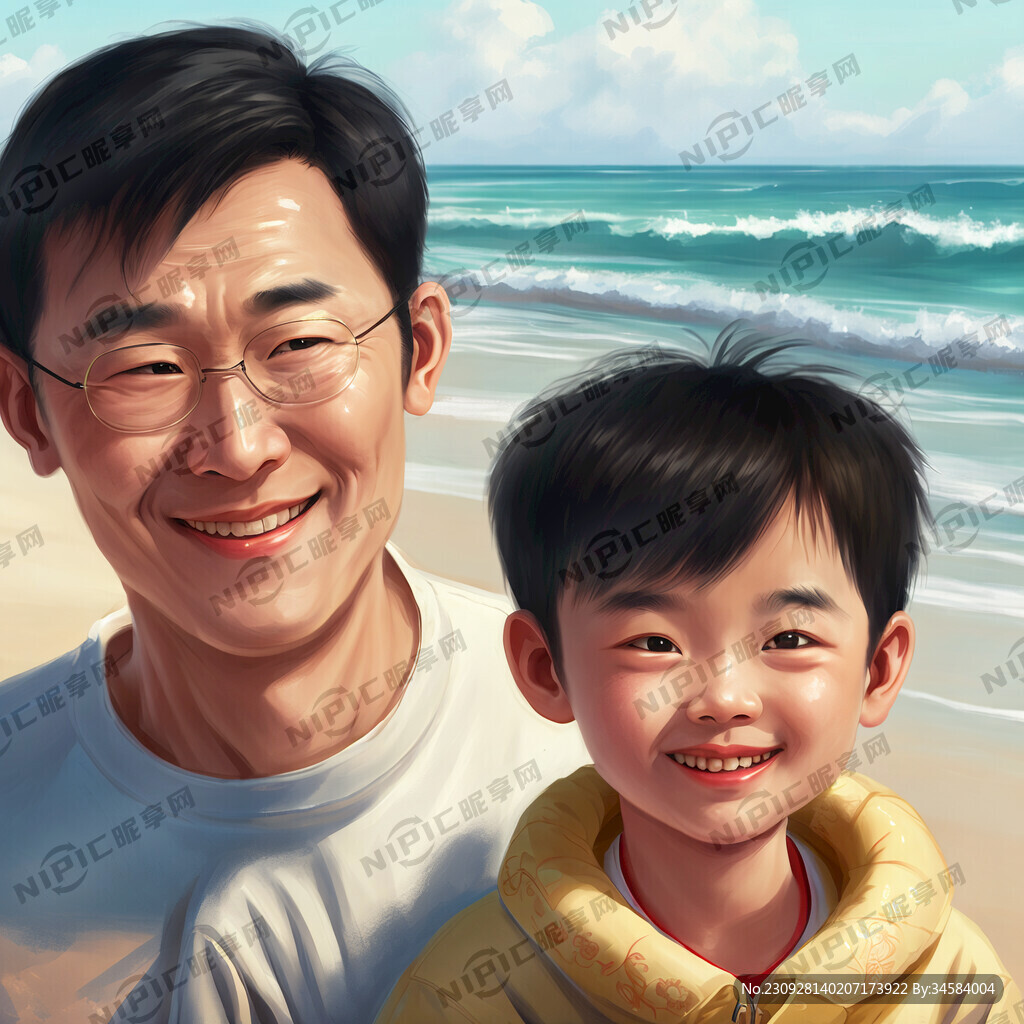 一家四口海邊度假爸爸媽媽帶兩個