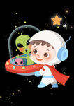 Q版宇航员拥抱外星人手绘插画