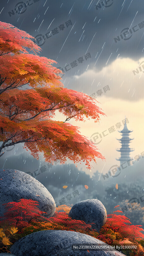 概念背景露珠霜花石頭秋天樹葉古