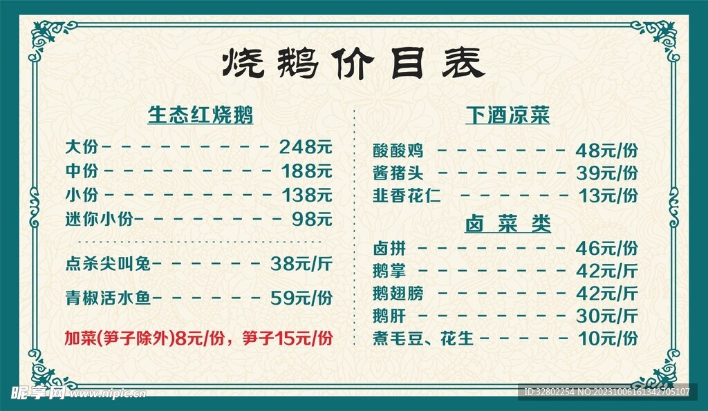鵝肉價(jià)目表
