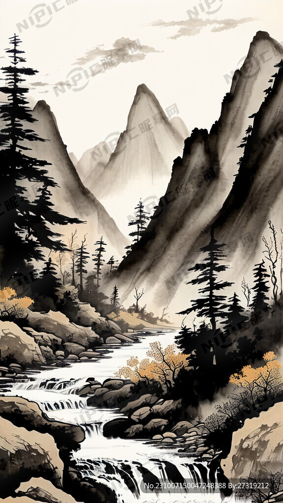 水墨畫 溪流湍急 山巒重疊