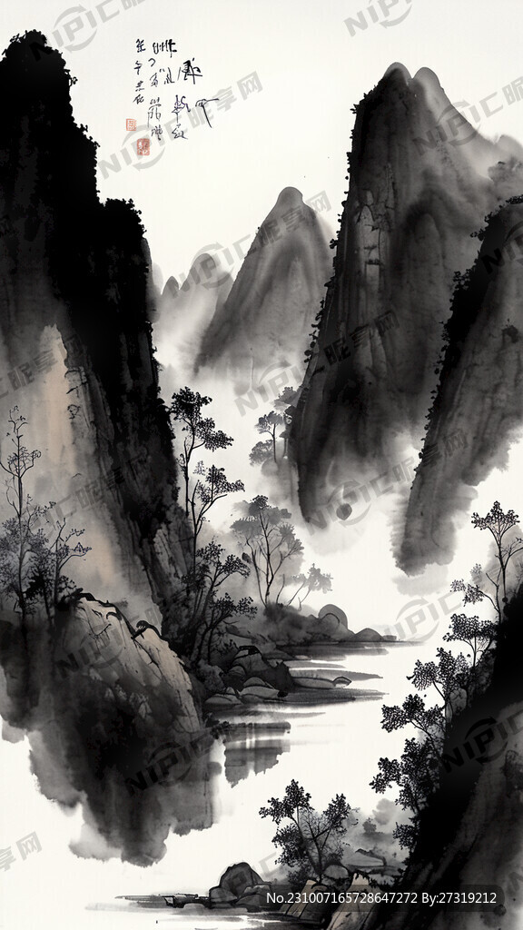 水墨畫 溪流湍急 山巒 黑白色
