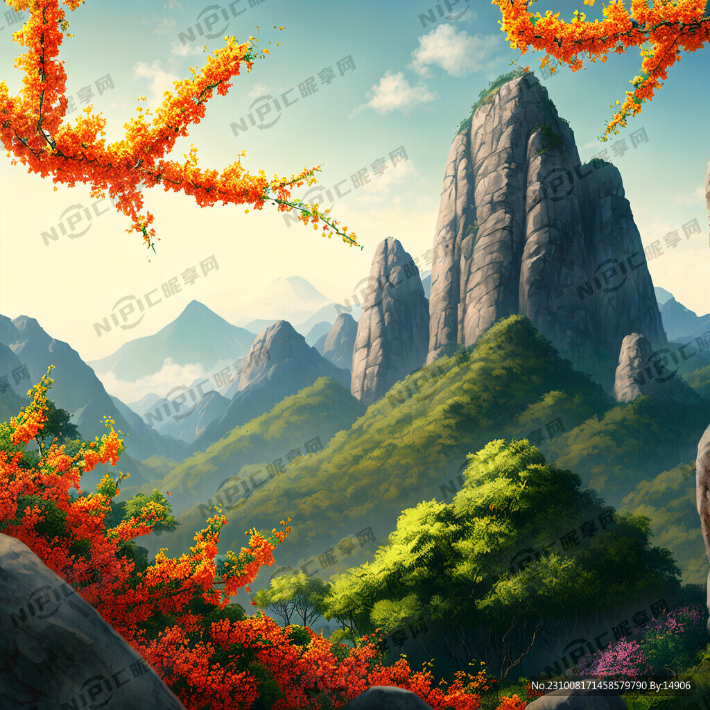 要一張有深林山間有山的風景