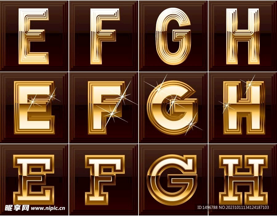 E F G H 字母 金色立体