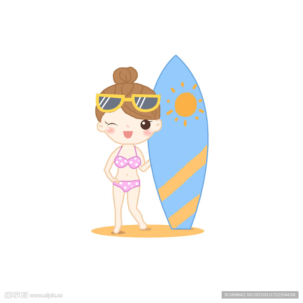 夏日女孩冲浪板卡通扁平插画