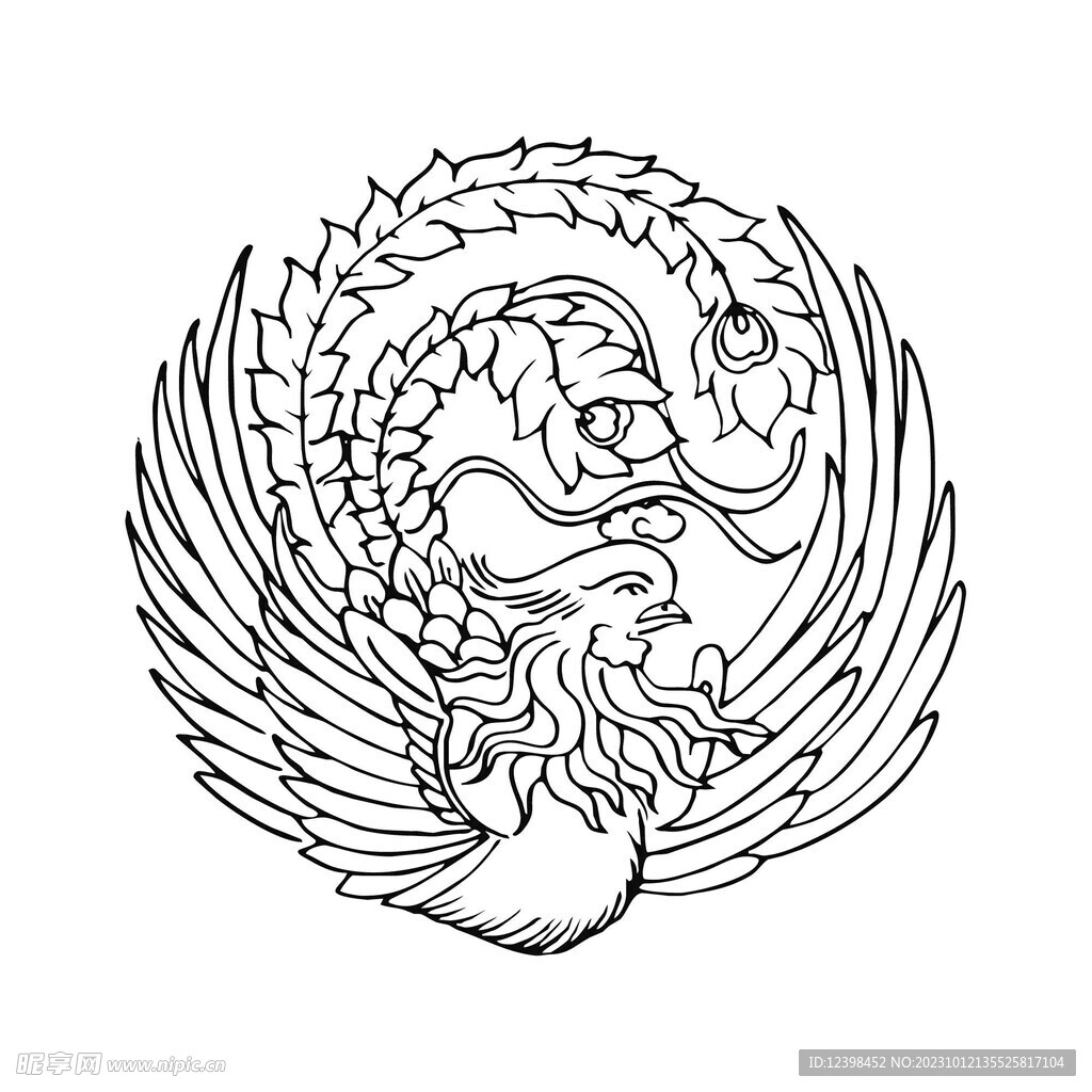 中式傳統鳳凰圖案線稿
