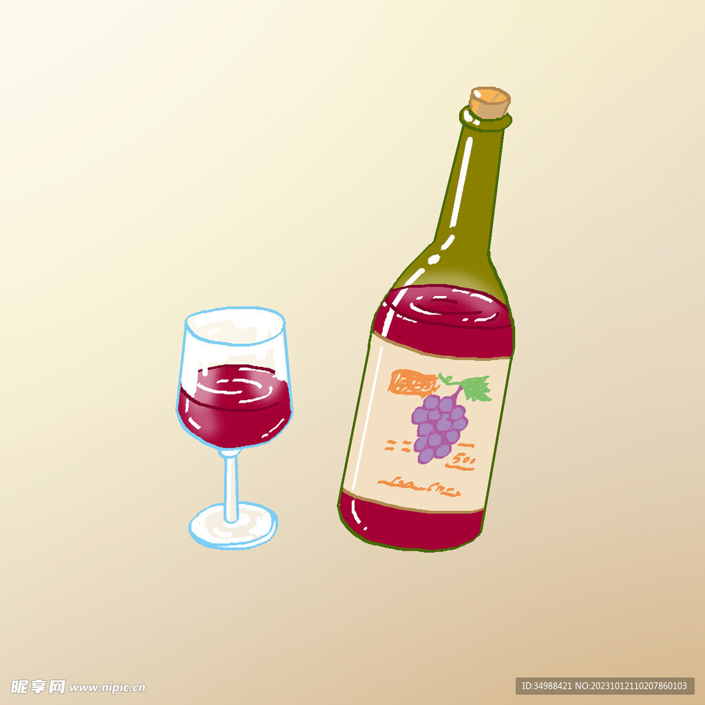 瓶子和杯子里的红酒卡通插画