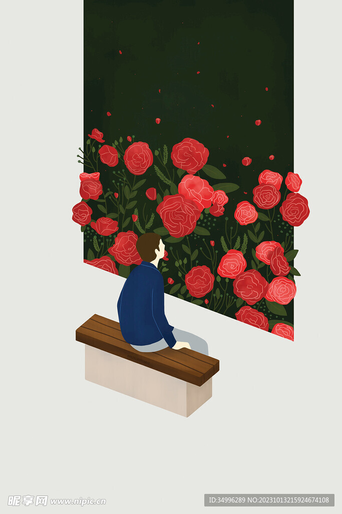 坐在窗边看红玫瑰的男孩