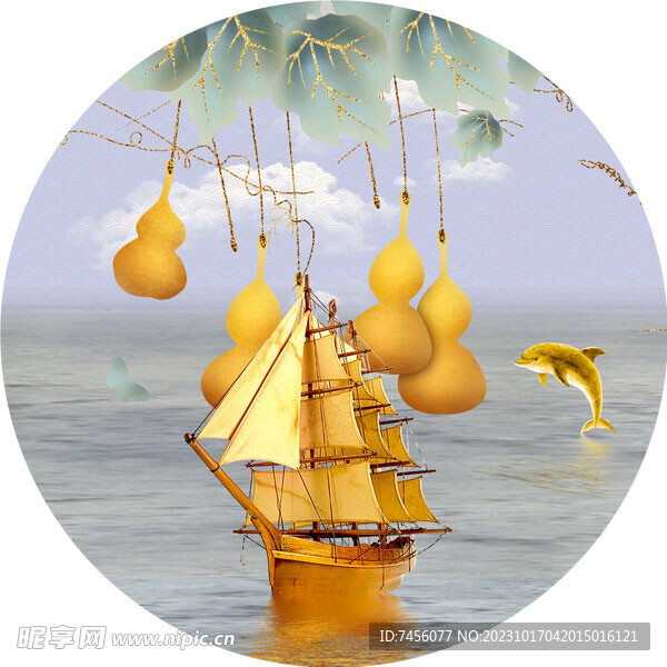 金色帆船水墨葫芦圆形挂画