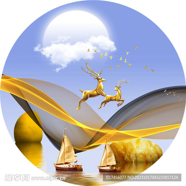 金色麋鹿帆船湖畔挂画装饰画