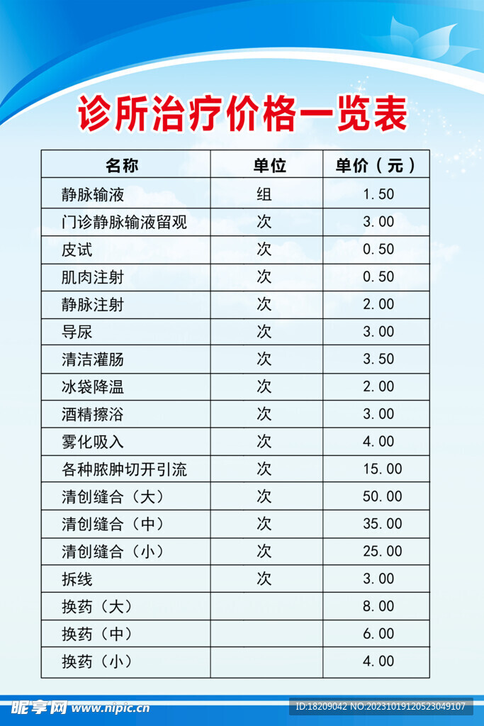 診所治療價格一覽表