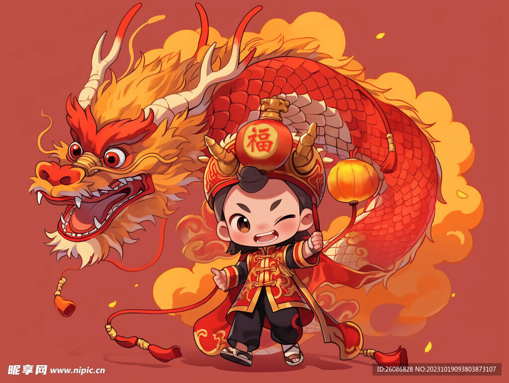 龙年卡通可爱中国龙新年舞狮