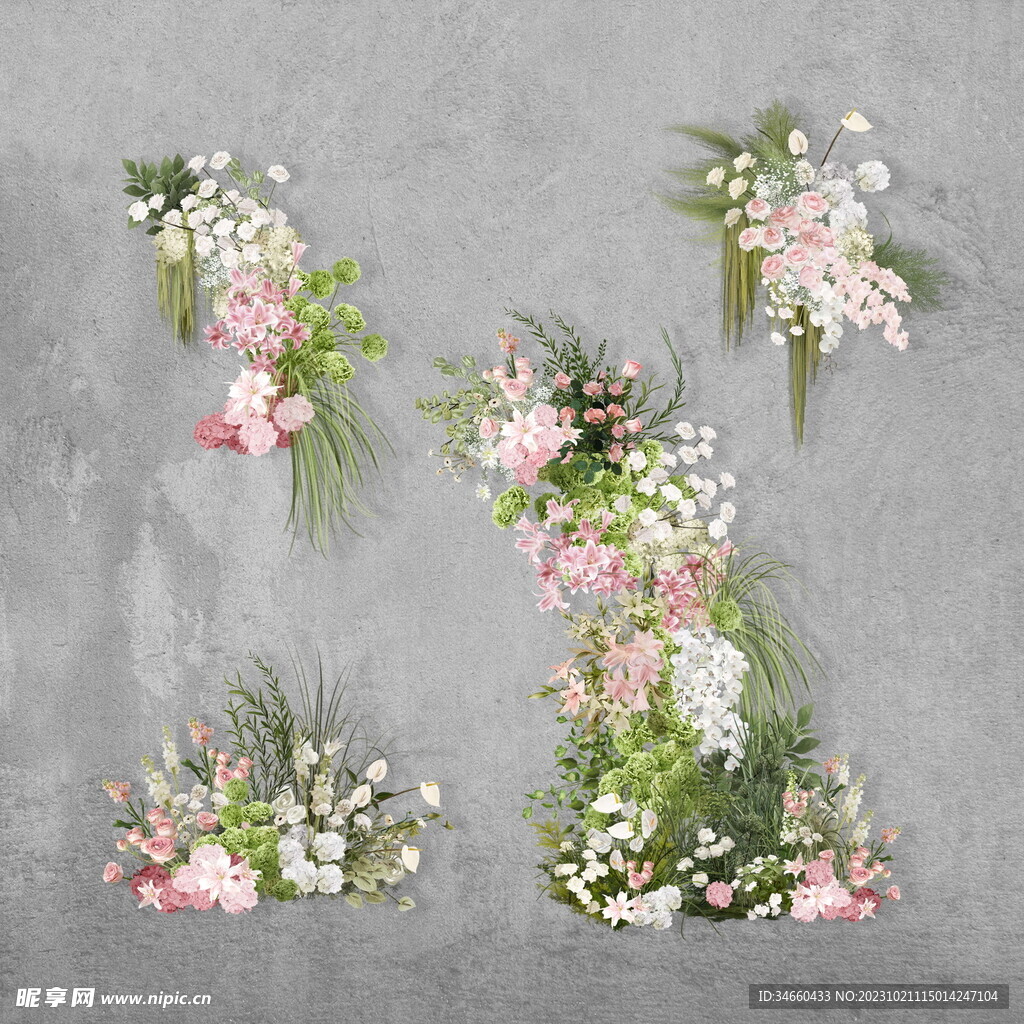 粉紅色白綠色花拱花藝婚禮效果圖