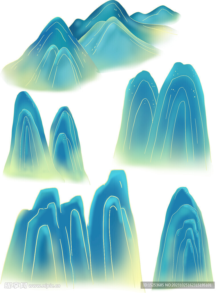 免扣蓝绿色国风山川元素素材