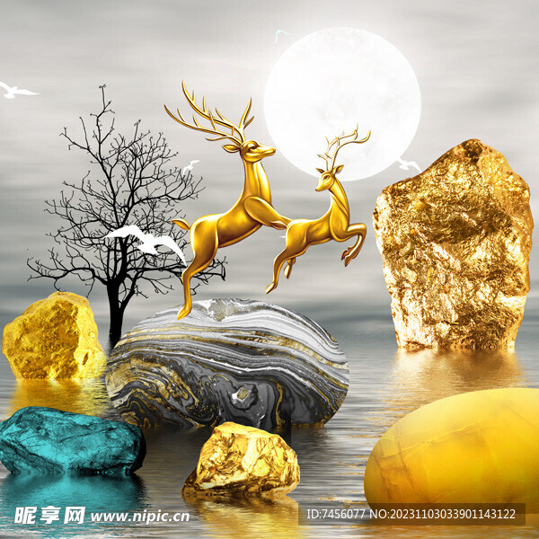 金色麋鹿湖畔石头挂画装饰画