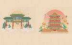  中国传统建筑国潮插画 