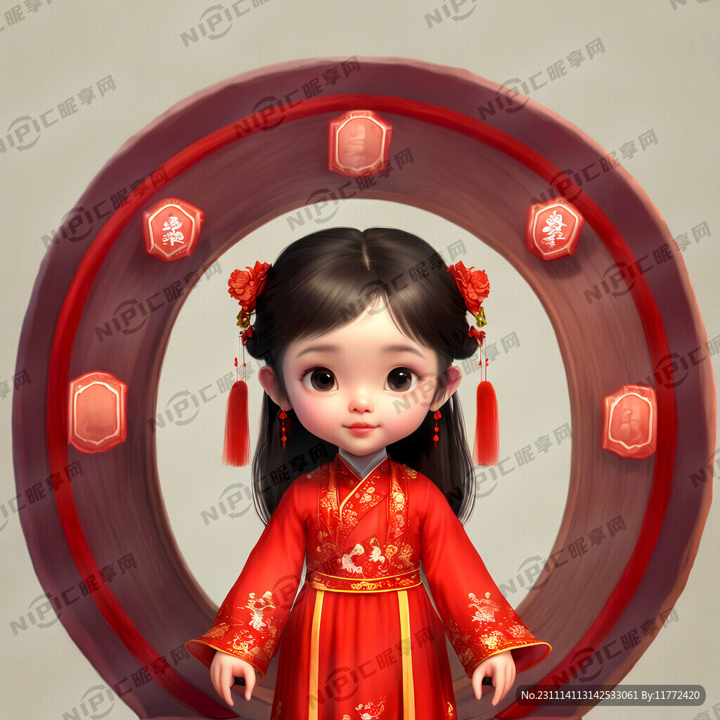 古代盤發紅色衣服小女孩做站座