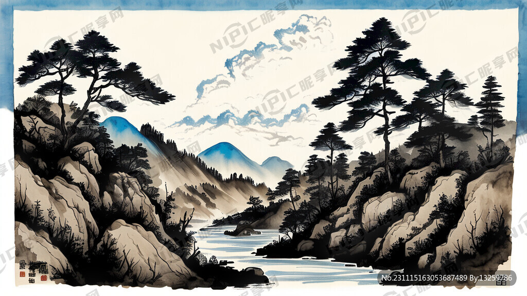 山水畫   有意境  松樹  