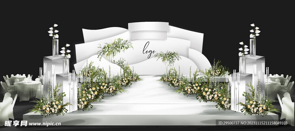 白绿色小清新舞台婚礼效果图