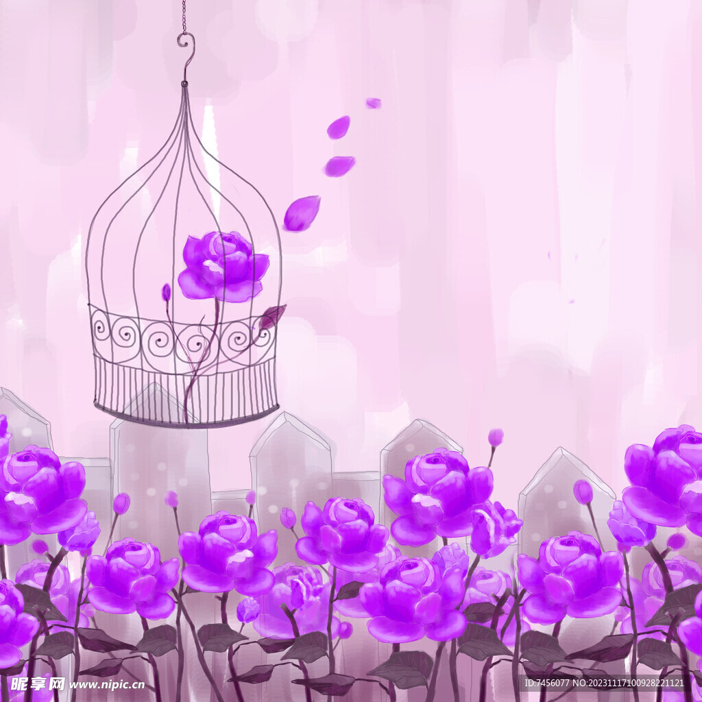 紫色花卉花圃鸟笼挂画装饰画