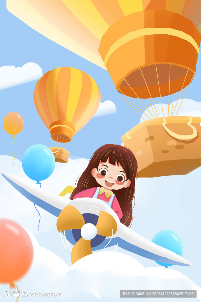儿童节小女孩开飞机游玩热气球