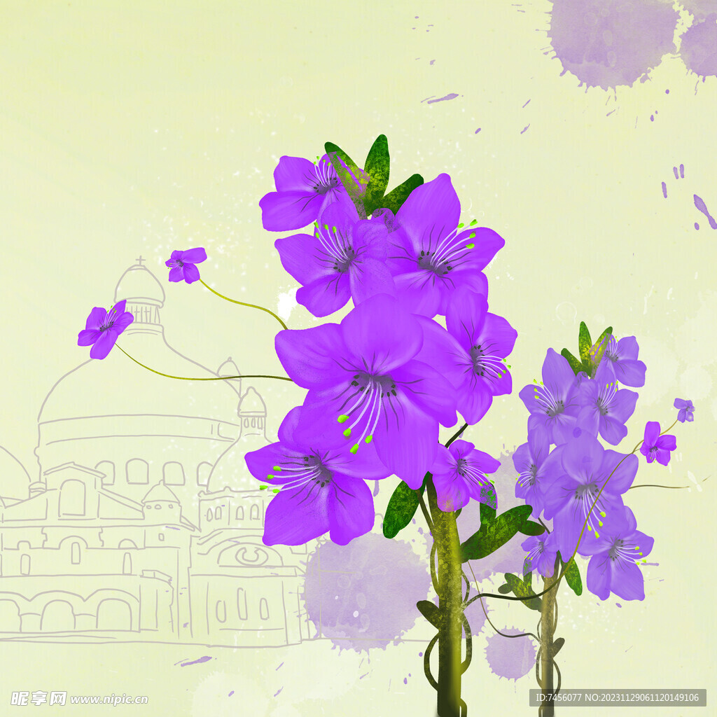 水彩紫色花卉花枝挂画装饰画