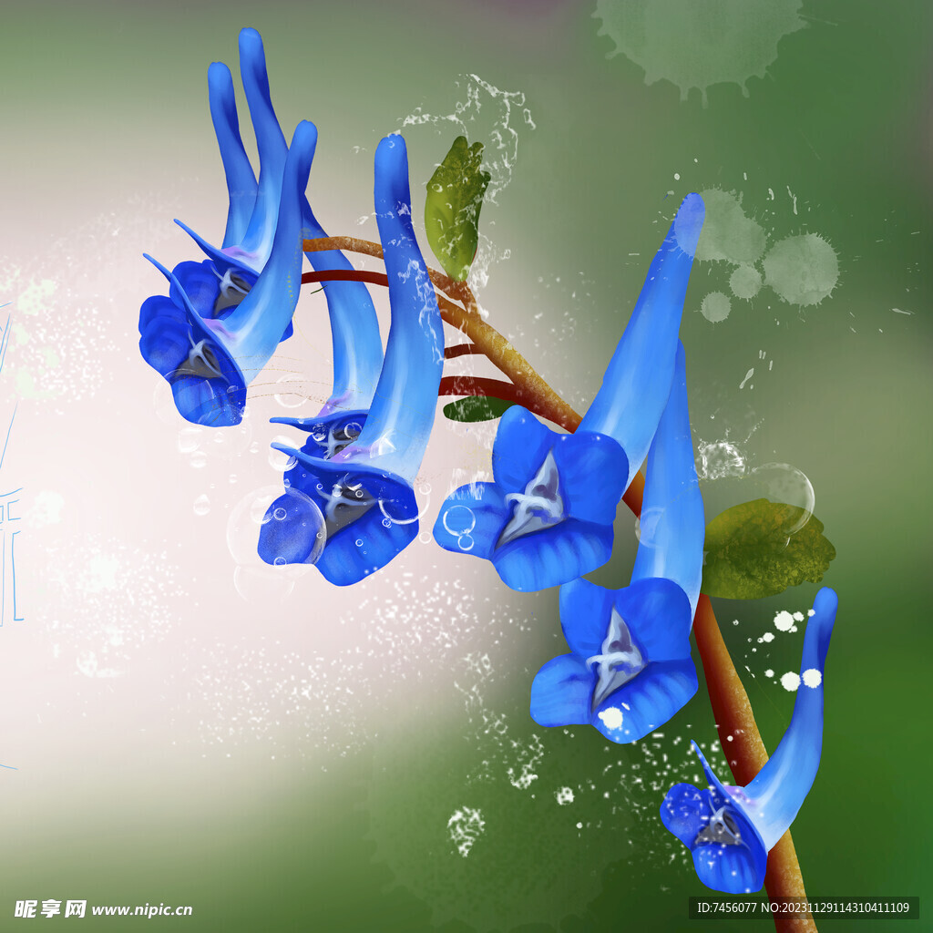 藍(lán)色花卉花枝掛畫裝飾畫