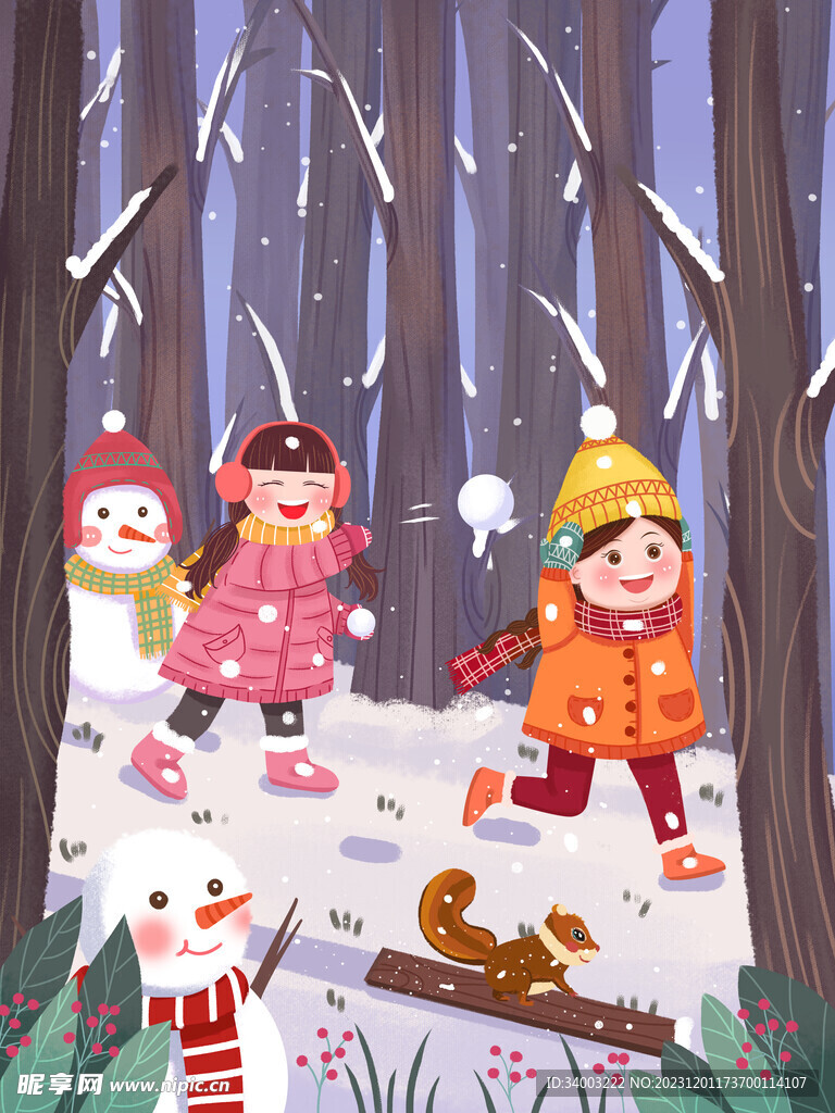 冬季下雪儿童玩雪插画海报