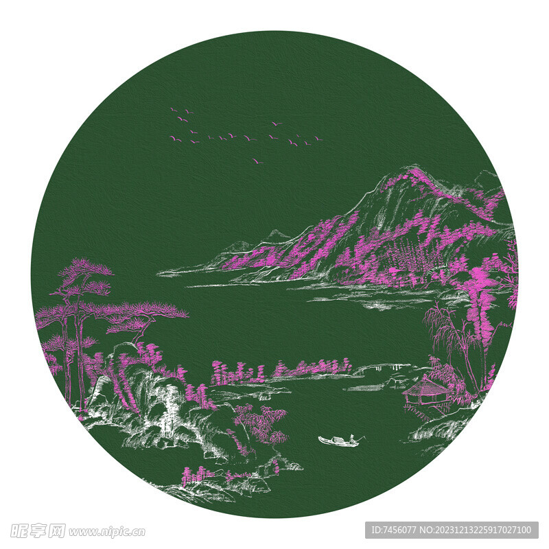 新中式山脉湖畔圆形挂画装饰画