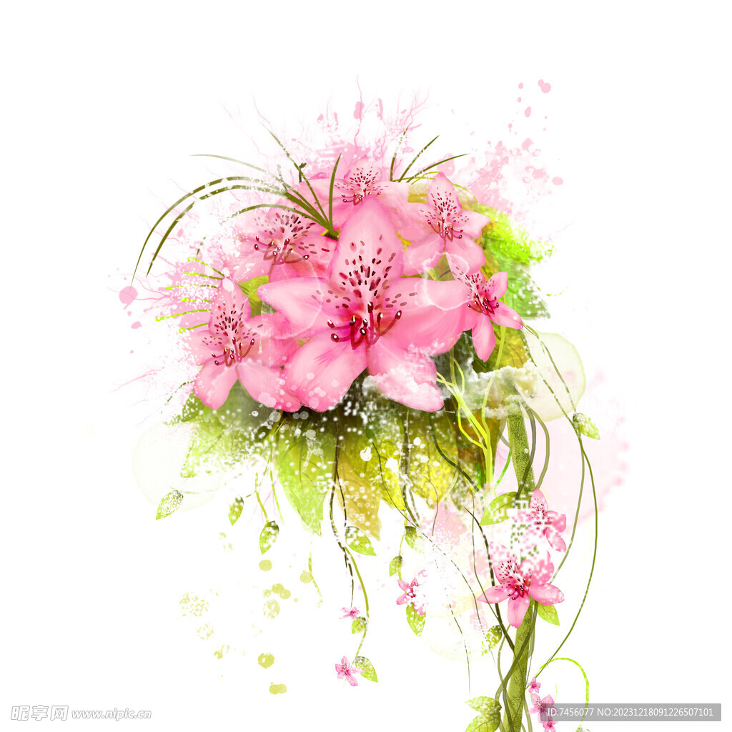 水彩粉色花卉植物挂画