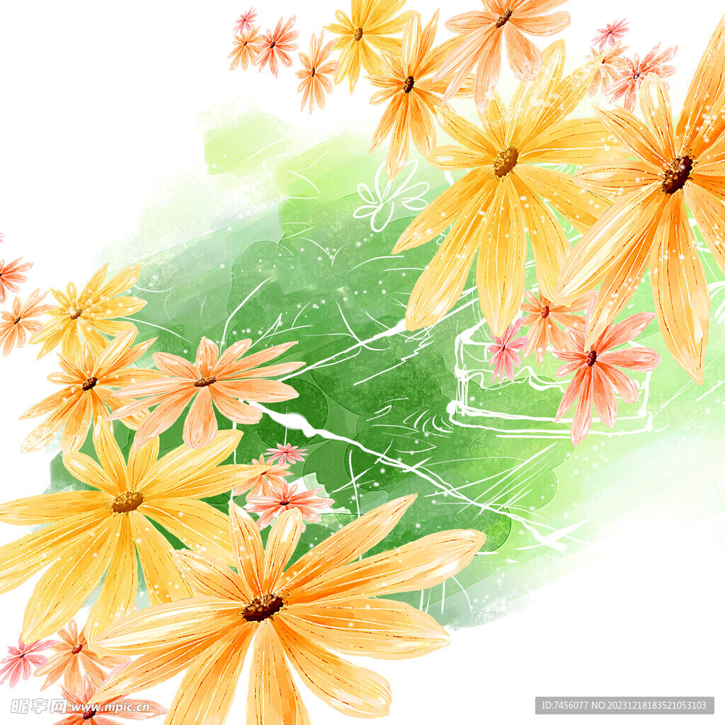 水彩花卉绿色背景挂画装饰画
