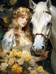 油画女孩和白马
