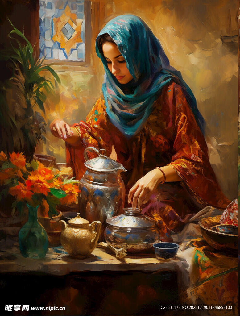 煮茶的阿拉伯女孩油画