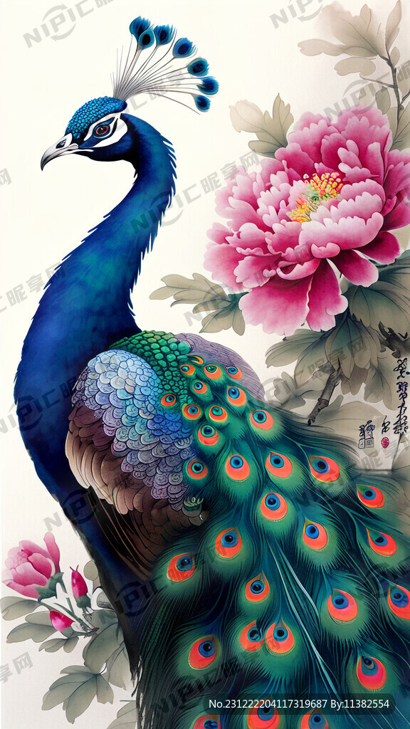 花開富貴孔雀圖
