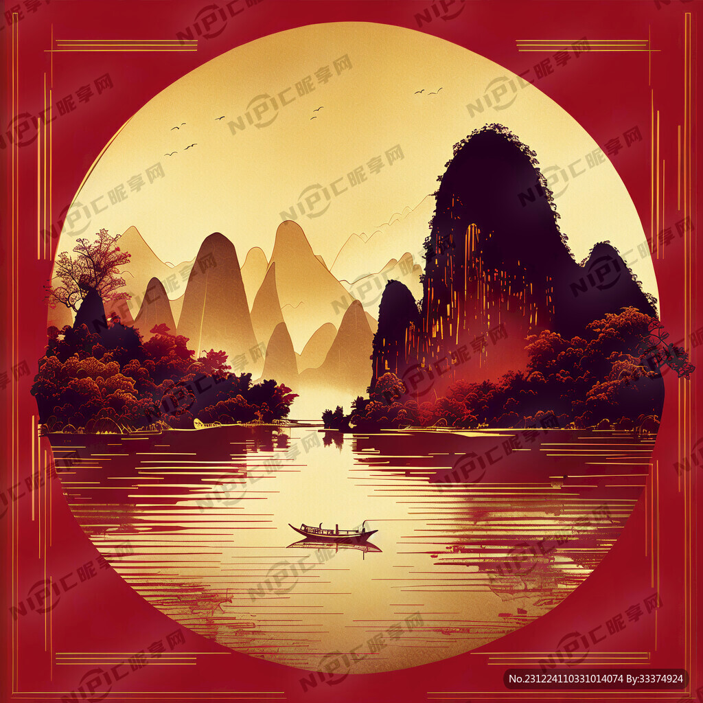 桂林山水 線條畫 紅色背景