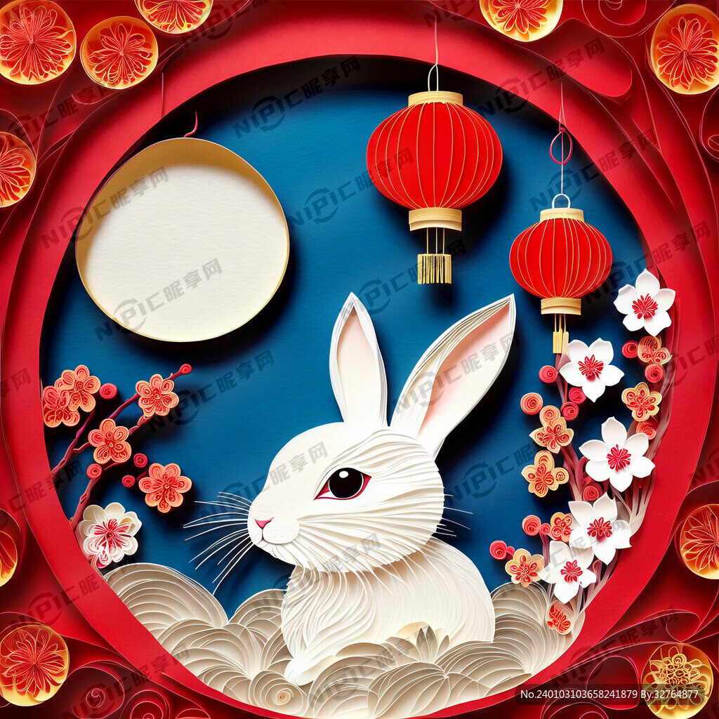 衍紙藝術 春節 可愛兔子 紅梅