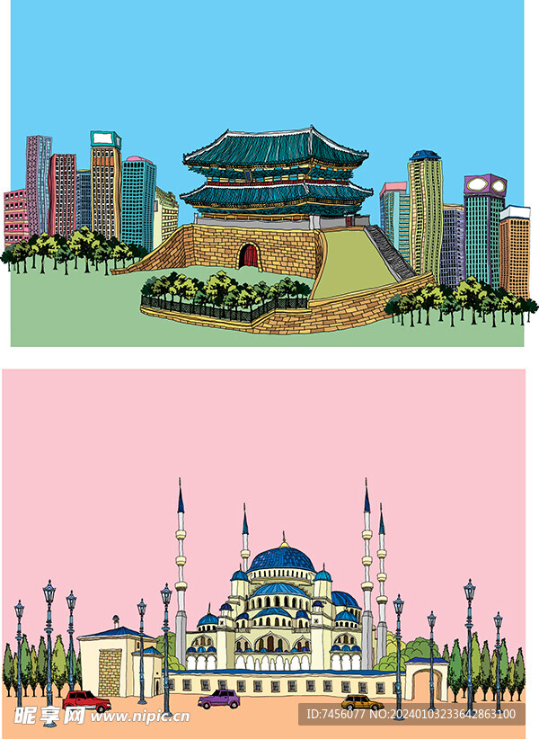 水彩復古建筑白宮插畫