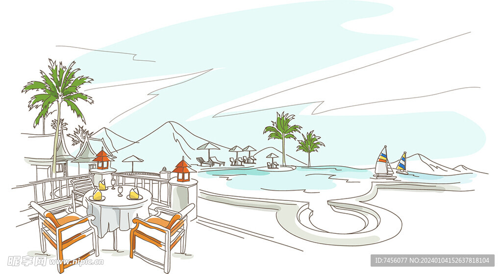 海邊海景插畫