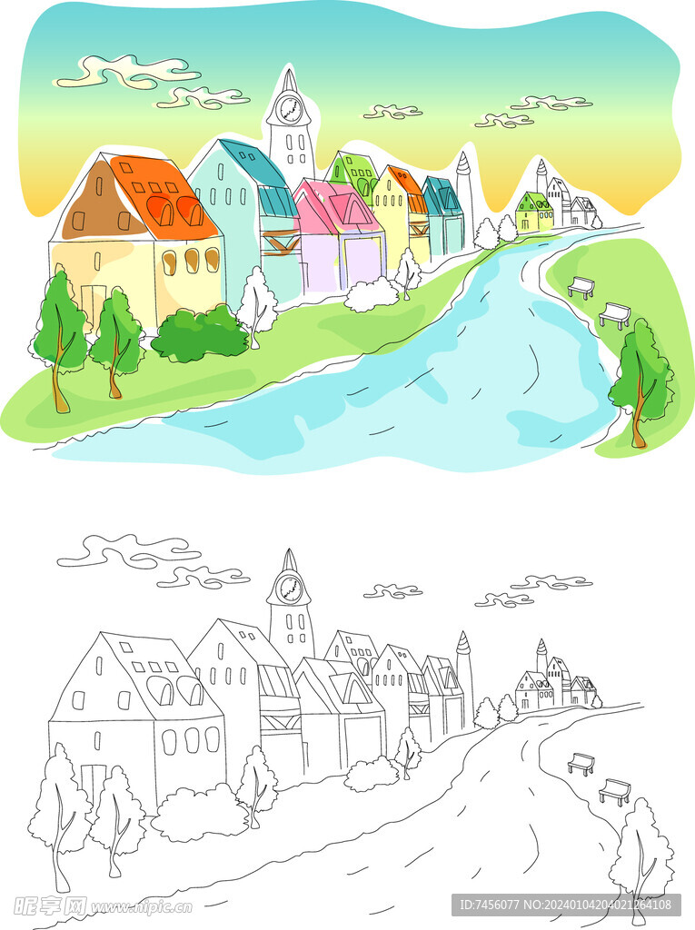 湖畔水彩房子风景画插画