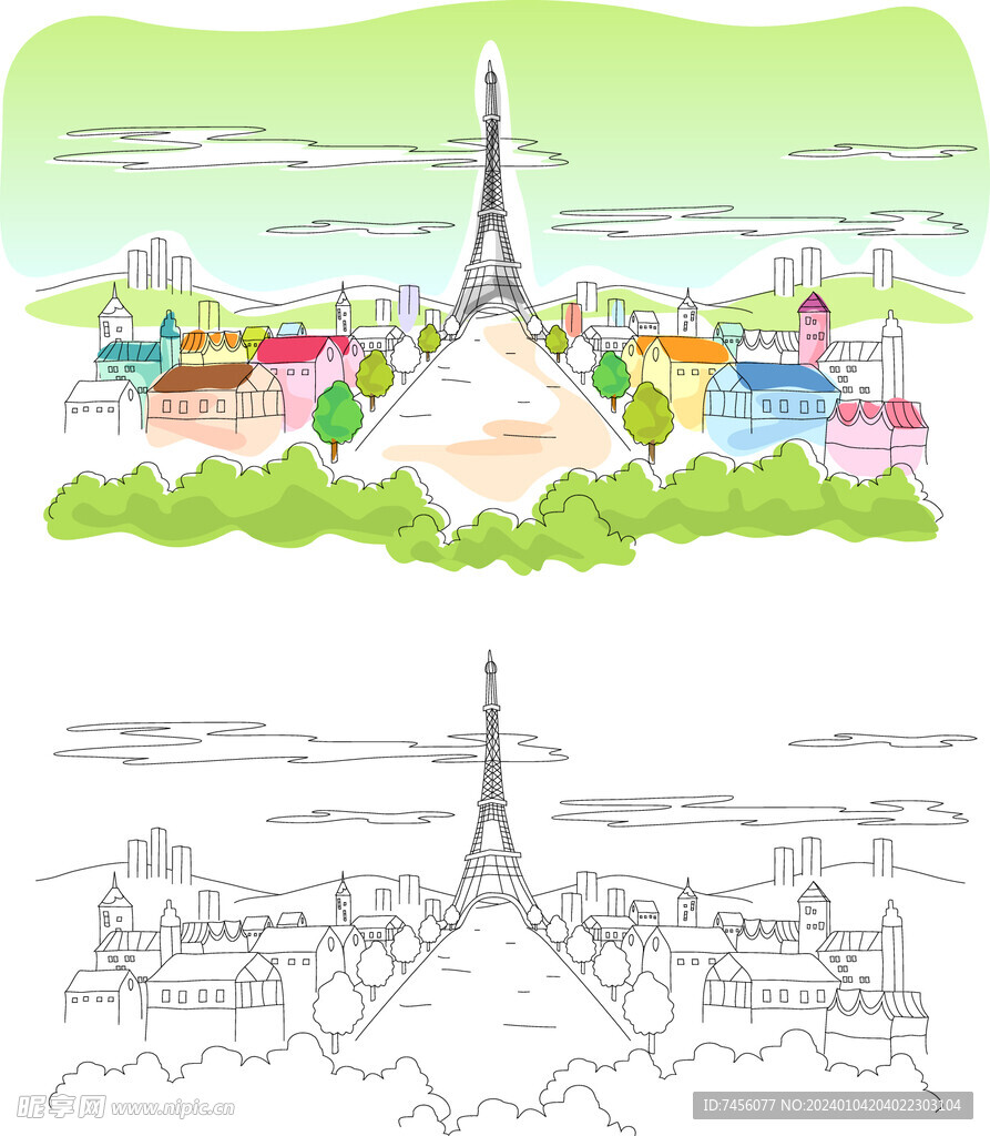 巴黎铁塔水彩插画